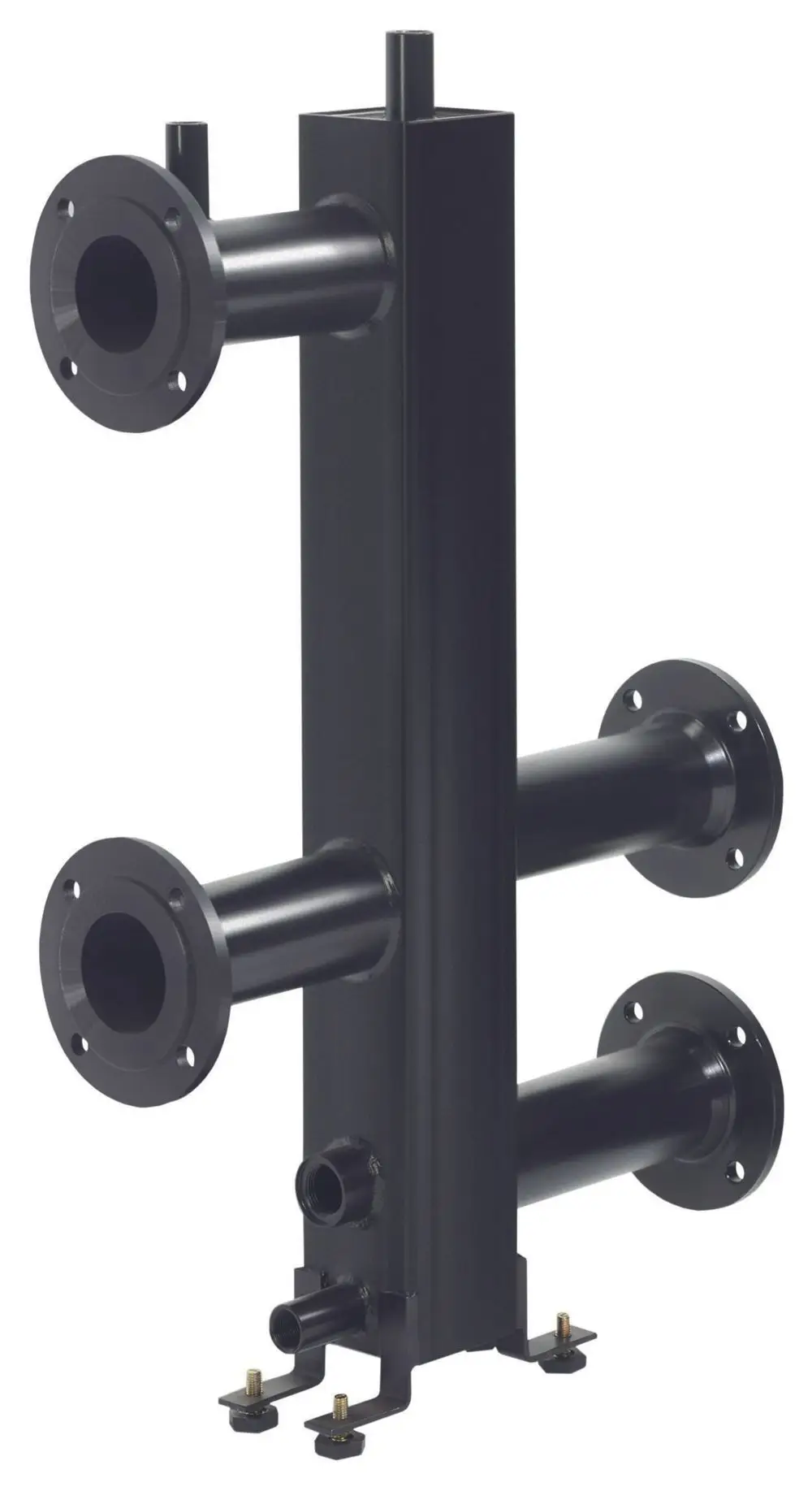 Hydraulische Weiche mit mehreren Anschlüssen in schwarzer Ausführung, geeignet für Heizsysteme der Marke Vaillant. Die Bauform ist vertikal mit Flanschen.